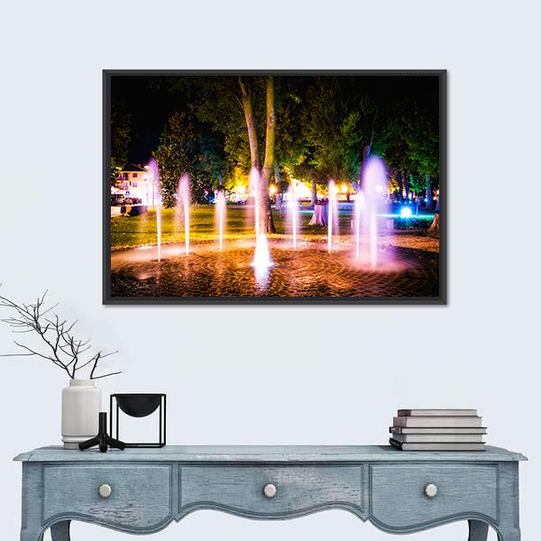 Small Fountain On A Summer Night Canvas Wall Art-1 Piece-Floating Frame-24" x 16"-Tiaracle
