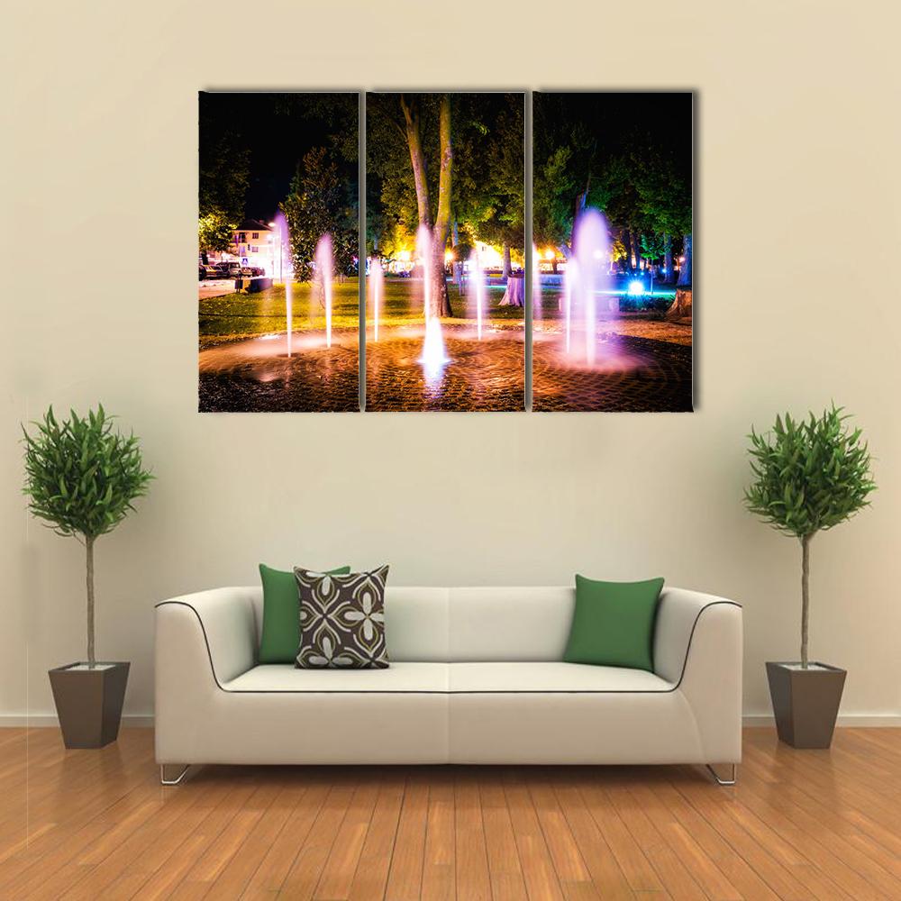 Small Fountain On A Summer Night Canvas Wall Art-3 Horizontal-Gallery Wrap-25" x 16"-Tiaracle