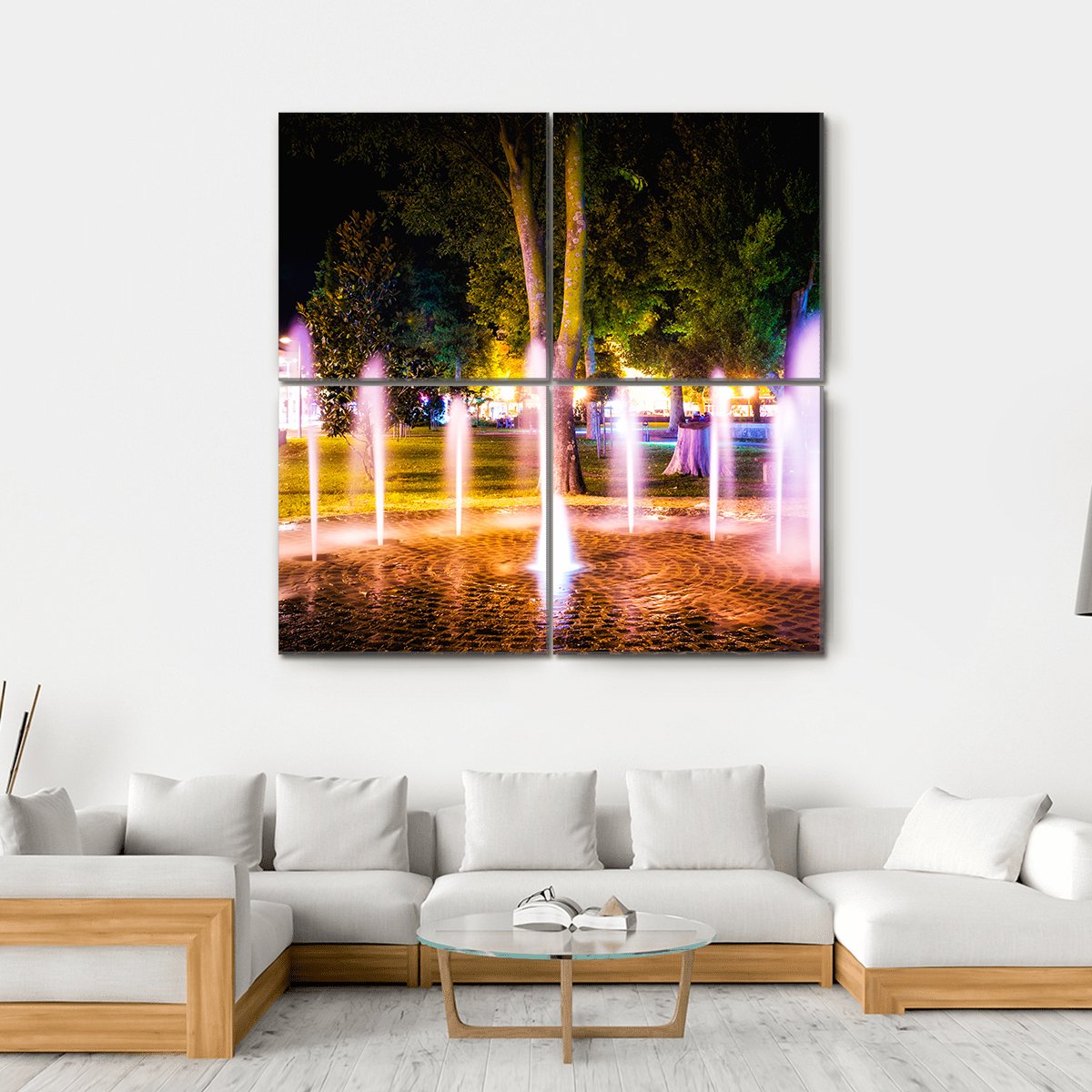 Small Fountain On A Summer Night Canvas Wall Art-4 Square-Gallery Wrap-17" x 17"-Tiaracle