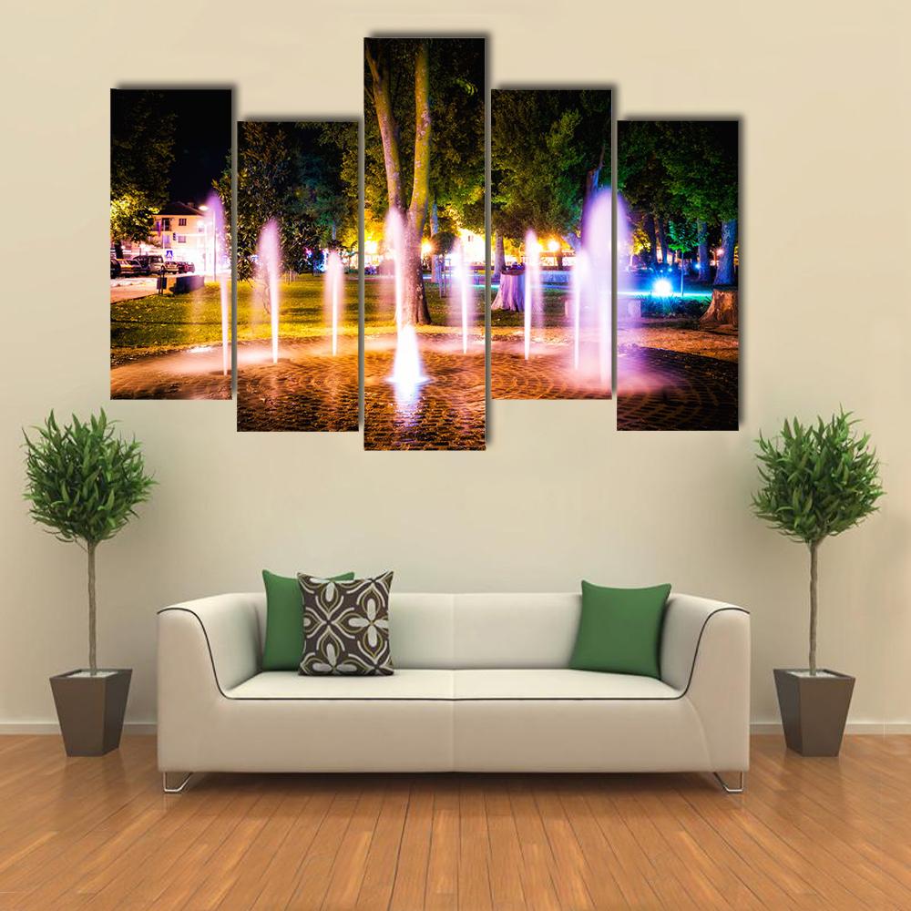 Small Fountain On A Summer Night Canvas Wall Art-5 Pop-Gallery Wrap-32" x 21"-Tiaracle