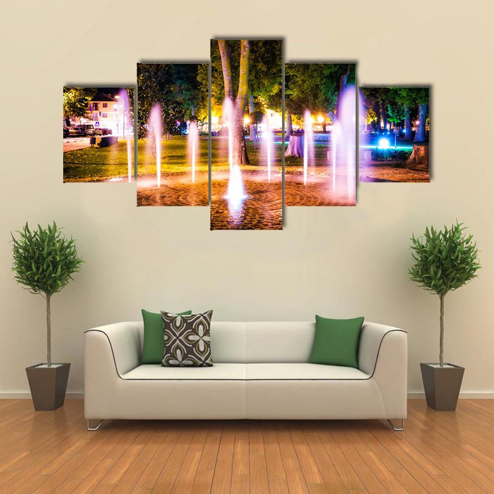 Small Fountain On A Summer Night Canvas Wall Art-5 Pop-Gallery Wrap-32" x 21"-Tiaracle