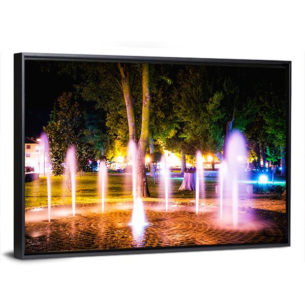 Small Fountain On A Summer Night Canvas Wall Art-3 Horizontal-Gallery Wrap-25" x 16"-Tiaracle