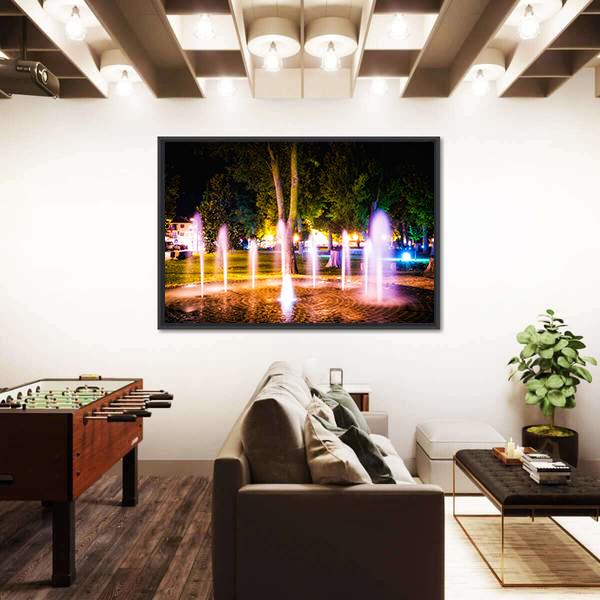 Small Fountain On A Summer Night Canvas Wall Art-3 Horizontal-Gallery Wrap-25" x 16"-Tiaracle