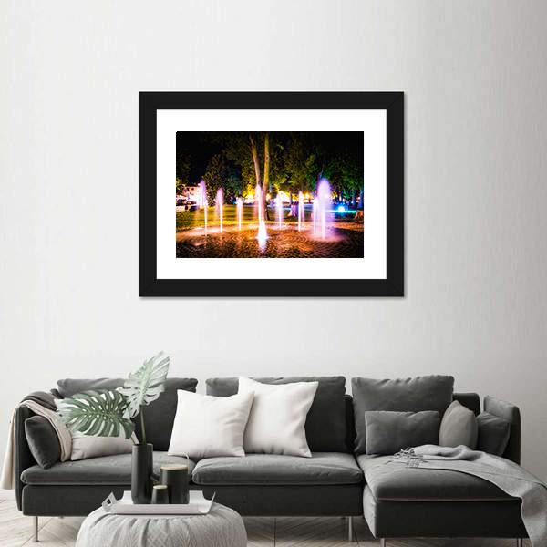 Small Fountain On A Summer Night Canvas Wall Art-3 Horizontal-Gallery Wrap-25" x 16"-Tiaracle
