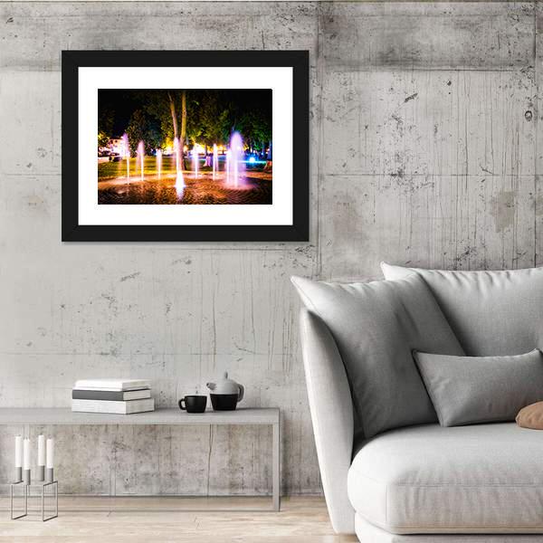 Small Fountain On A Summer Night Canvas Wall Art-3 Horizontal-Gallery Wrap-25" x 16"-Tiaracle