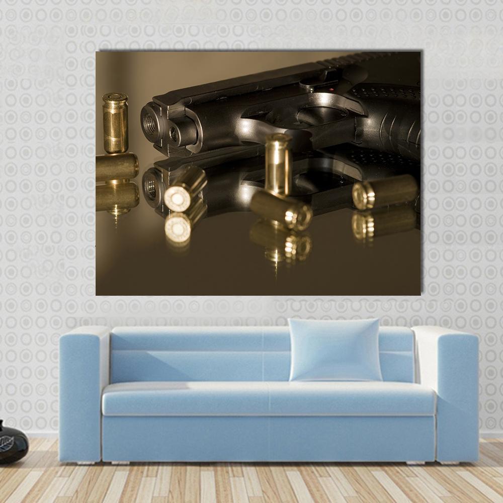 Small Gas Pistols for Self Defense Canvas Wall Art in black, brown and gold, single panel hung on a wall