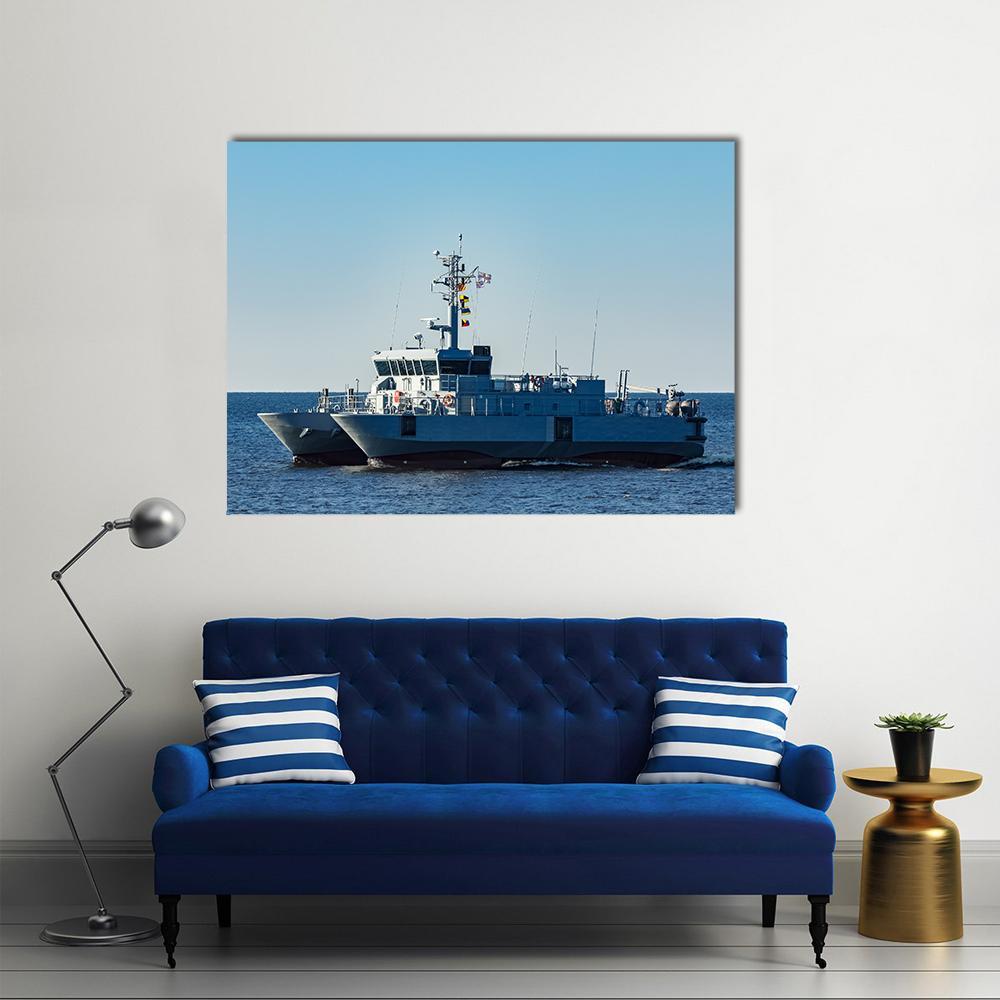Grey Twin-hull Military Catamaran Canvas Wall Art in gray and blue, single panel hung on a wall