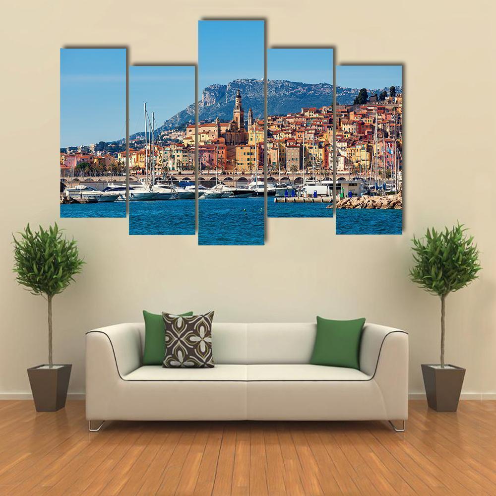 Small Harbor With Old Town Canvas Wall Art-5 Pop-Gallery Wrap-47" x 32"-Tiaracle