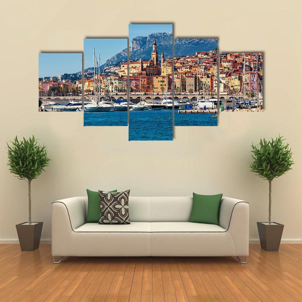 Small Harbor With Old Town Canvas Wall Art-5 Star-Gallery Wrap-62" x 32"-Tiaracle