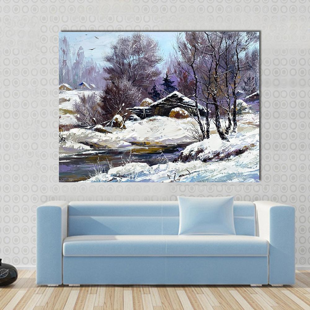 Small House in Winter Village Canvas Wall Art in white, gray and blue, single panel hung on a wall