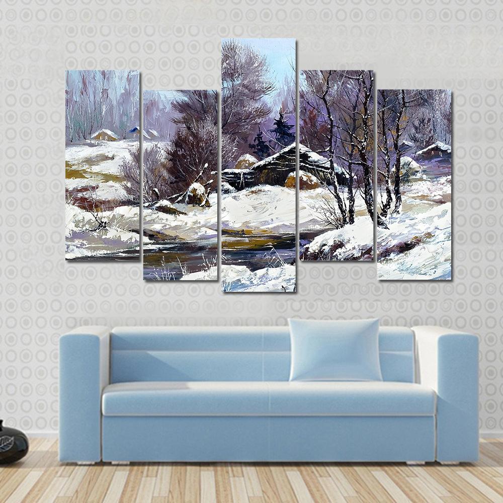 Small House In Winter Village Canvas Wall Art-3 Horizontal-Gallery Wrap-37" x 24"-Tiaracle