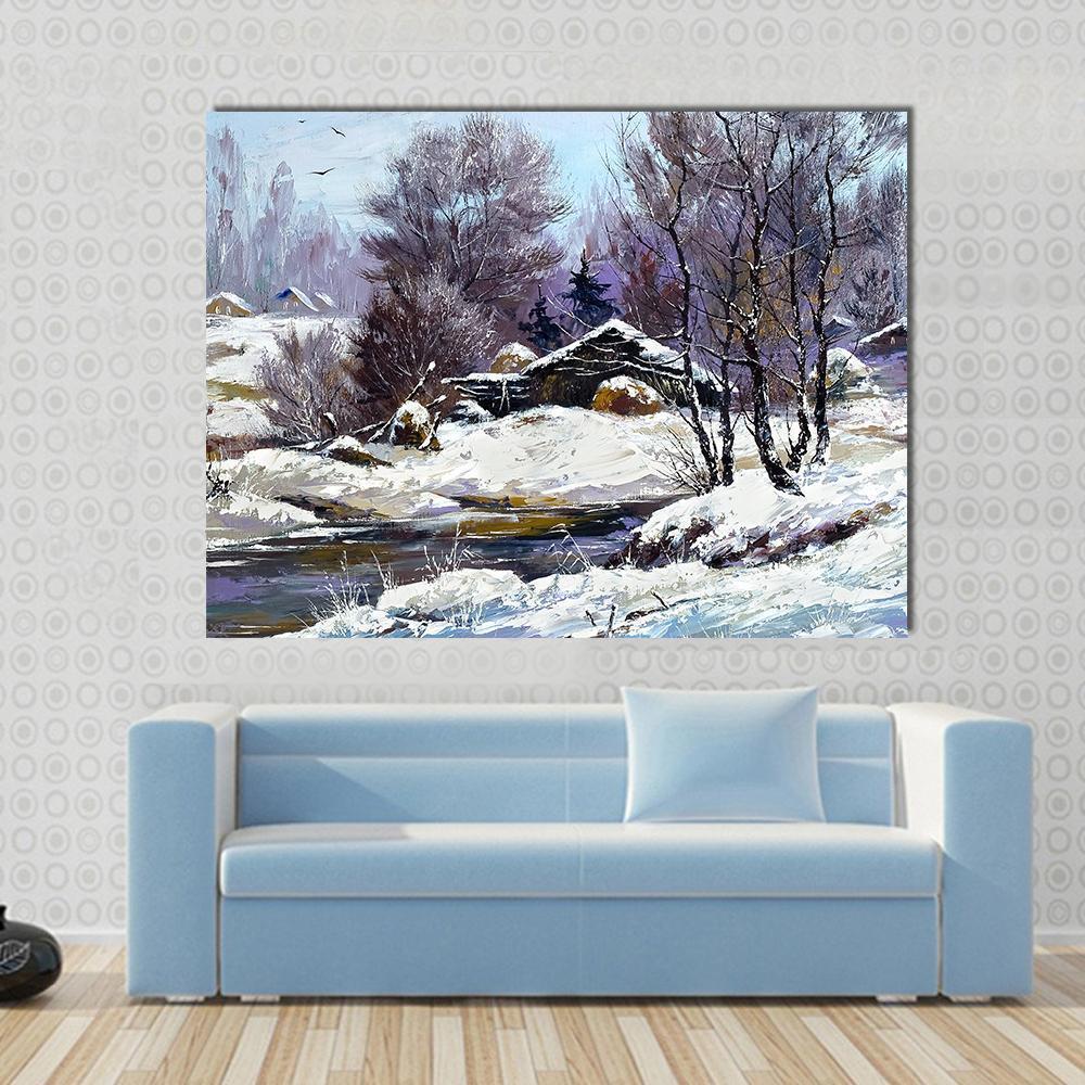 Small House In Winter Village Canvas Wall Art-1 Piece-Gallery Wrap-36" x 24"-Tiaracle