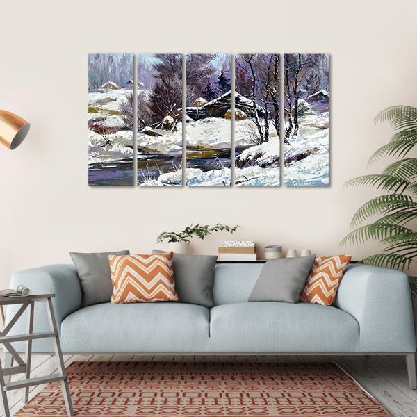 Small House In Winter Village Canvas Wall Art-5 Horizontal-Gallery Wrap-22" x 12"-Tiaracle