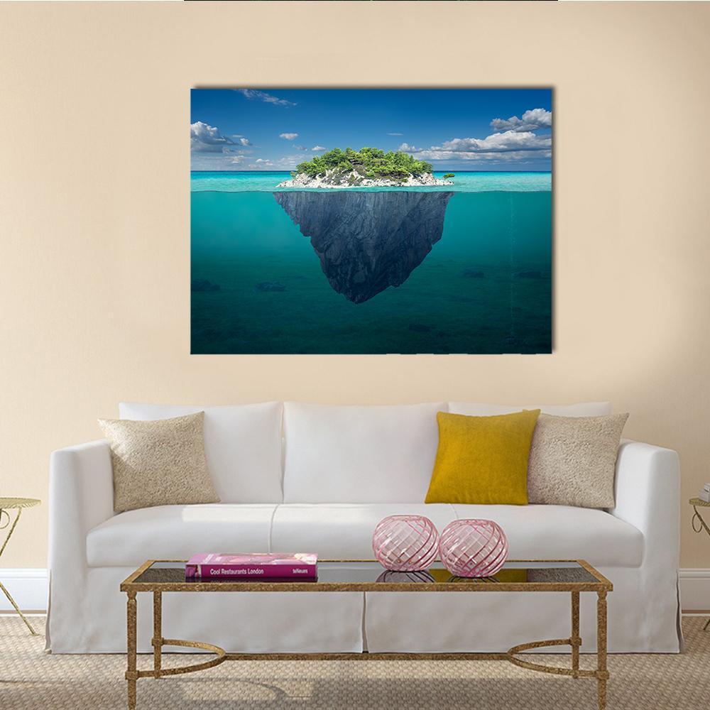 Floating Island Above and Below Water Canvas Wall Art in green and blue, single panel hung on a wall