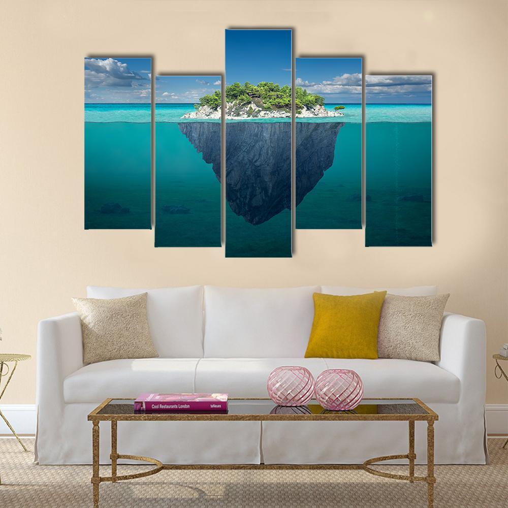 Small Island Above And Below Water Surface Canvas Wall Art-5 Pop-Gallery Wrap-47" x 32"-Tiaracle