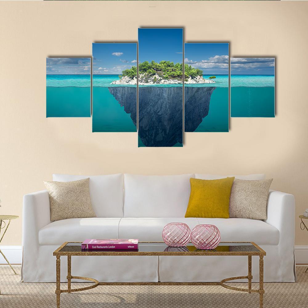 Small Island Above And Below Water Surface Canvas Wall Art-5 Star-Gallery Wrap-62" x 32"-Tiaracle