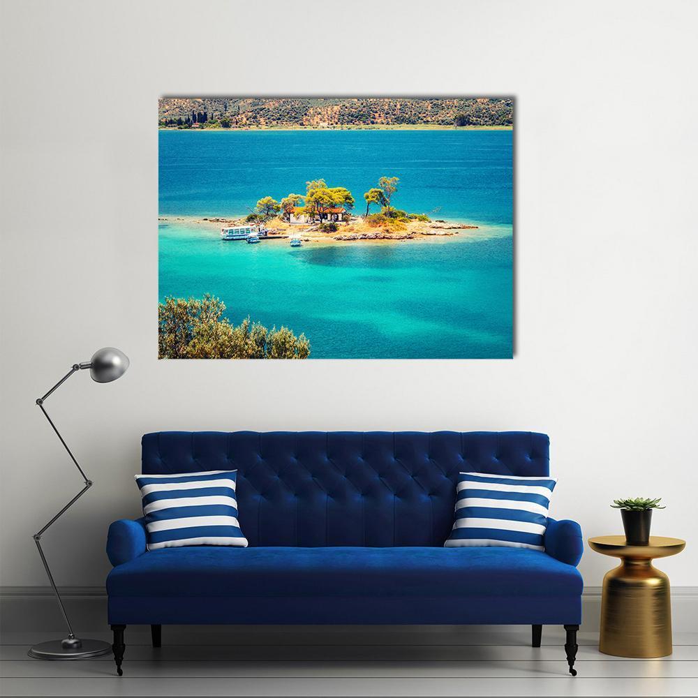 Aegean Island with House and Boats Canvas Wall Art in green and blue, single panel hung on a wall