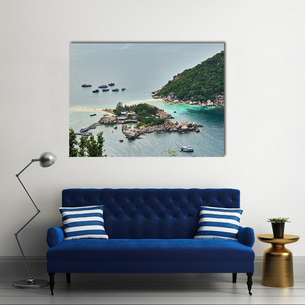 Tropical Island with Boats in Thailand Canvas Wall Art in gray, green and blue, single panel hung on a wall