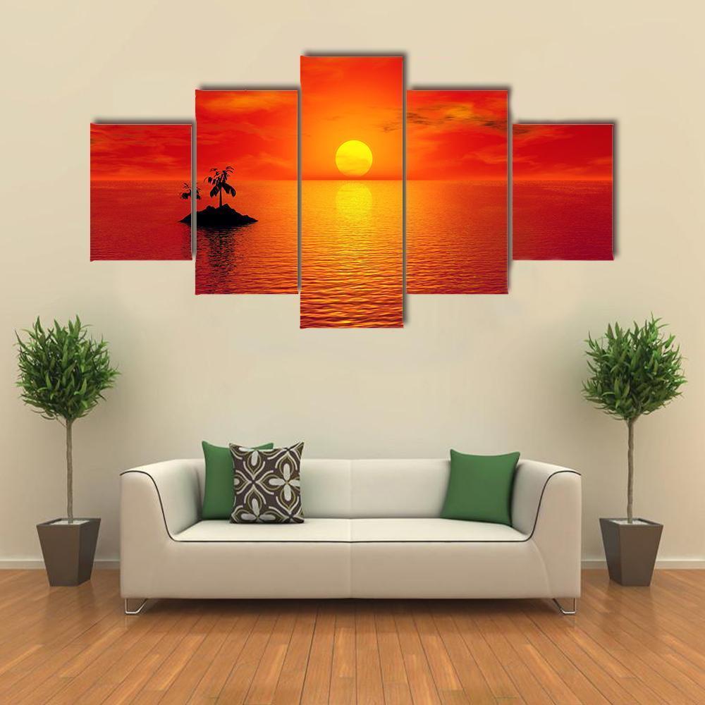 Small Island With Coconut Trees At Sunset Canvas Wall Art-5 Star-Gallery Wrap-62" x 32"-Tiaracle