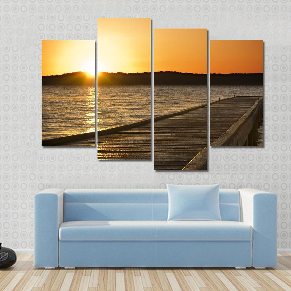 Small Jetty Sticks Out Onto The Lake At Sunrise Canvas Wall Art-4 Pop-Gallery Wrap-50" x 32"-Tiaracle