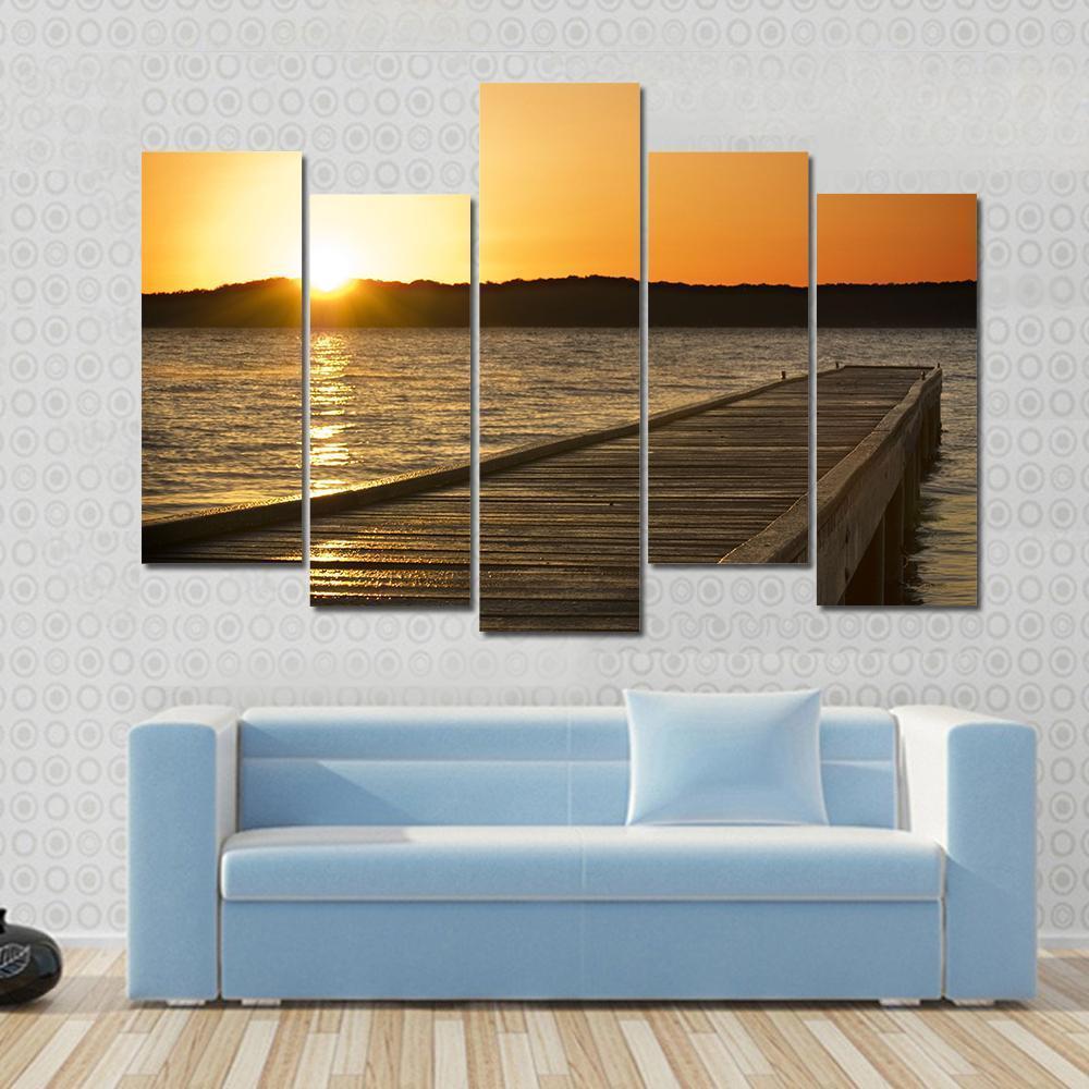 Small Jetty Sticks Out Onto The Lake At Sunrise Canvas Wall Art-5 Pop-Gallery Wrap-47" x 32"-Tiaracle