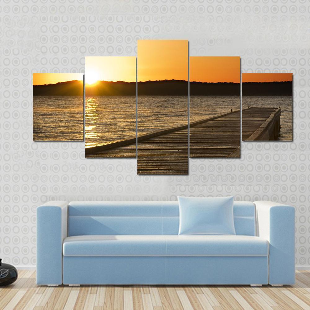 Small Jetty Sticks Out Onto The Lake At Sunrise Canvas Wall Art-5 Star-Gallery Wrap-62" x 32"-Tiaracle