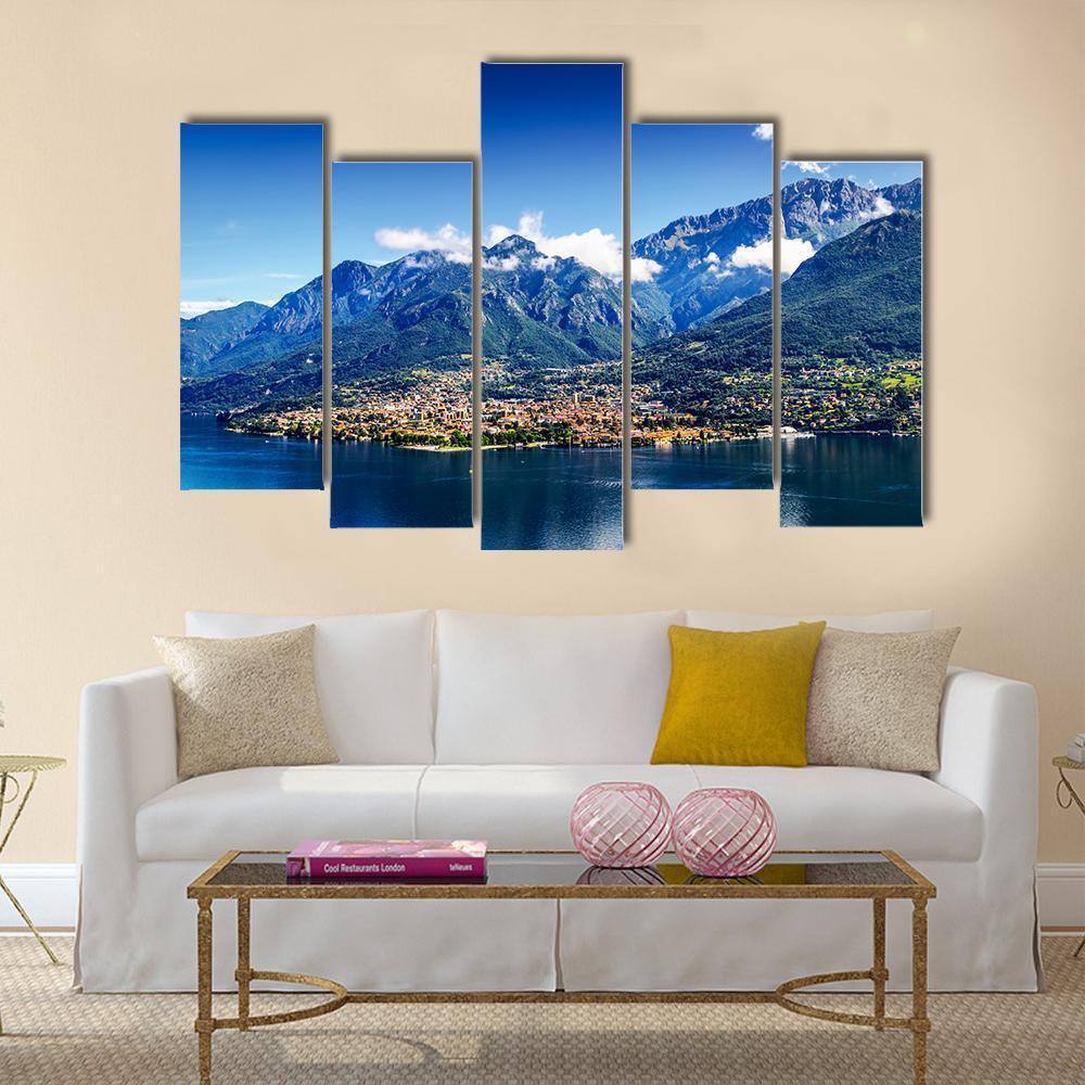 Small Town At Foot Of Alpine Mountain And Como Lake Canvas Wall Art-5 Pop-Gallery Wrap-47" x 32"-Tiaracle