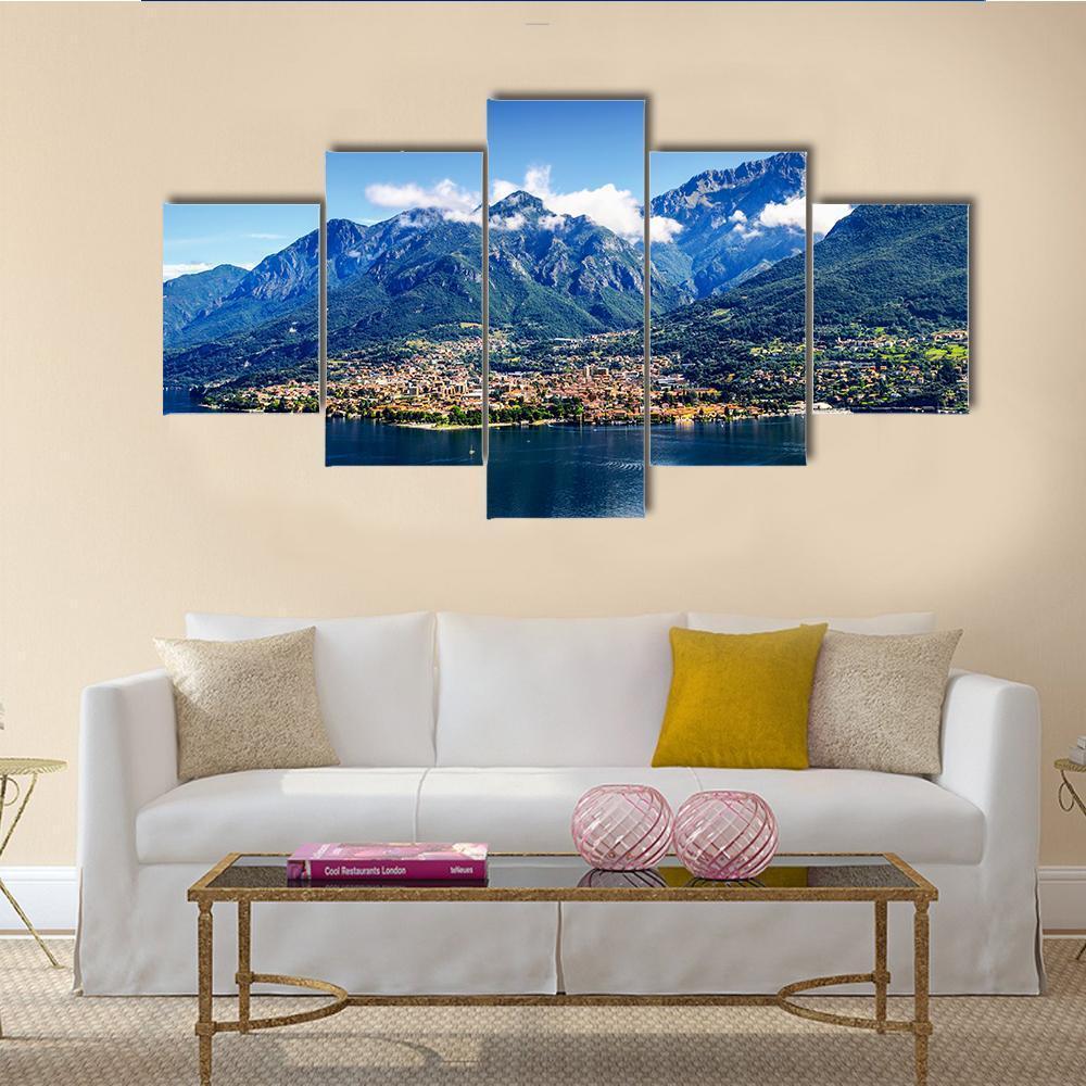 Small Town At Foot Of Alpine Mountain And Como Lake Canvas Wall Art-5 Star-Gallery Wrap-62" x 32"-Tiaracle