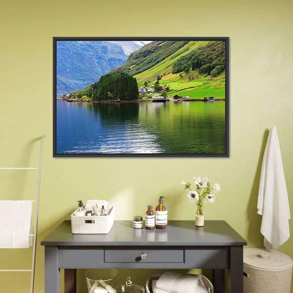 Small Town Near Lake Canvas Wall Art-1 Piece-Floating Frame-24" x 16"-Tiaracle