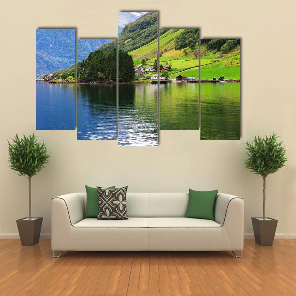 Small Town Near Lake Canvas Wall Art-5 Pop-Gallery Wrap-47" x 32"-Tiaracle