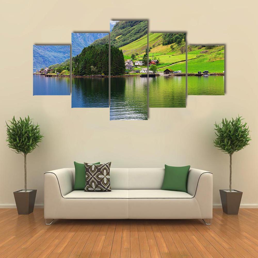 Small Town Near Lake Canvas Wall Art-5 Star-Gallery Wrap-62" x 32"-Tiaracle
