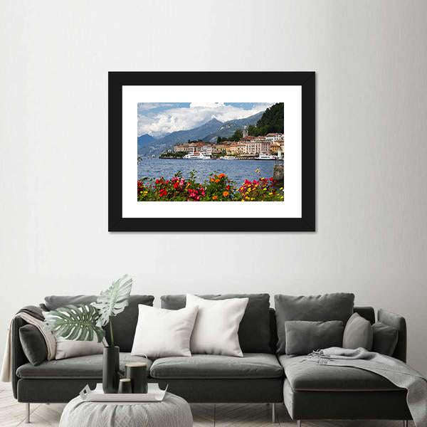 Small Town Of Bellagio At Lake Canvas Wall Art-1 Piece-Framed Print-20" x 16"-Tiaracle