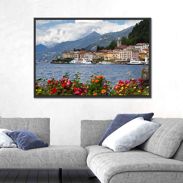 Small Town Of Bellagio At Lake Canvas Wall Art-1 Piece-Floating Frame-24" x 16"-Tiaracle