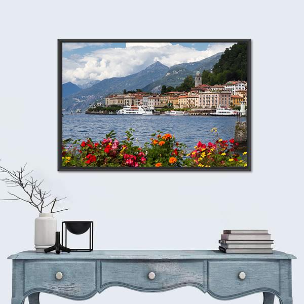 Small Town Of Bellagio At Lake Canvas Wall Art-3 Horizontal-Gallery Wrap-25" x 16"-Tiaracle