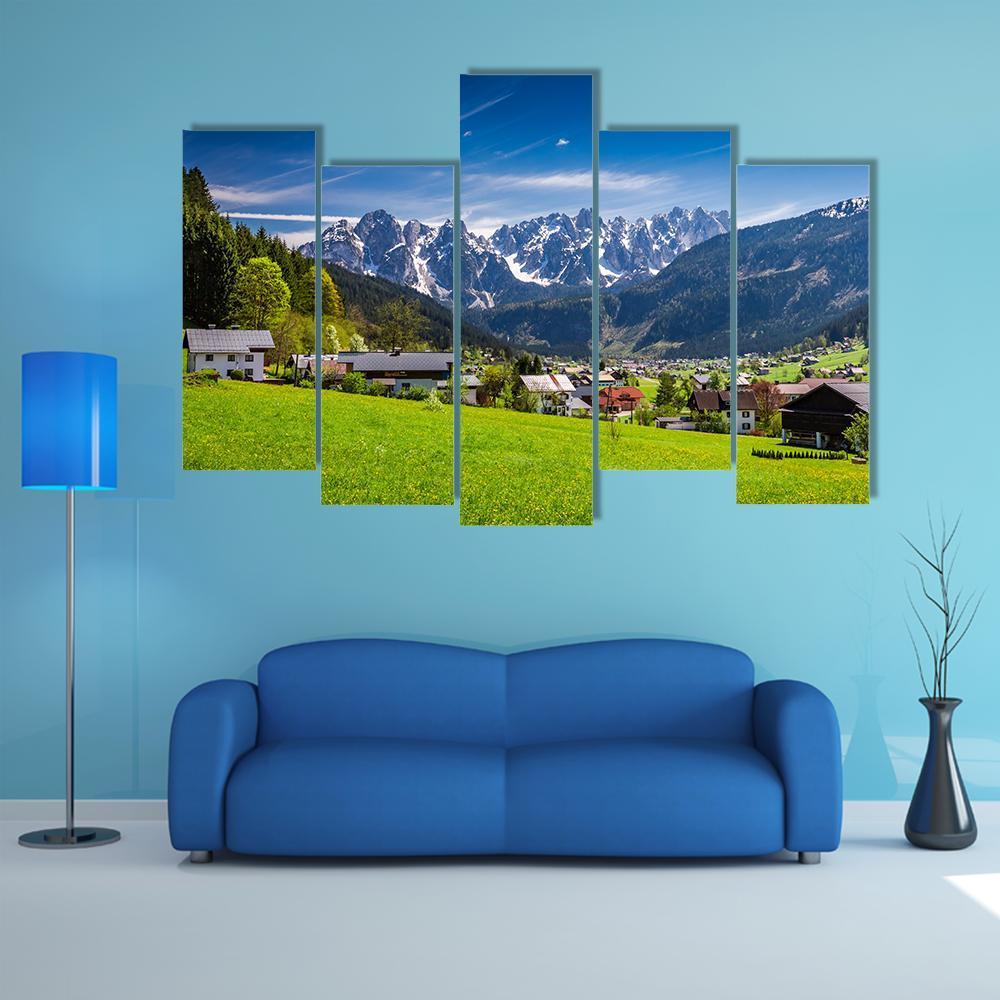 Small Village Gosau In Austrian Alps Canvas Wall Art-5 Pop-Gallery Wrap-47" x 32"-Tiaracle