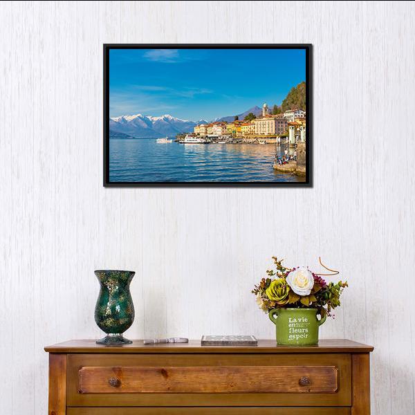 Small Village on Lake Como Canvas Wall Art in beige, yellow and blue, framed canvas, product view on a white background