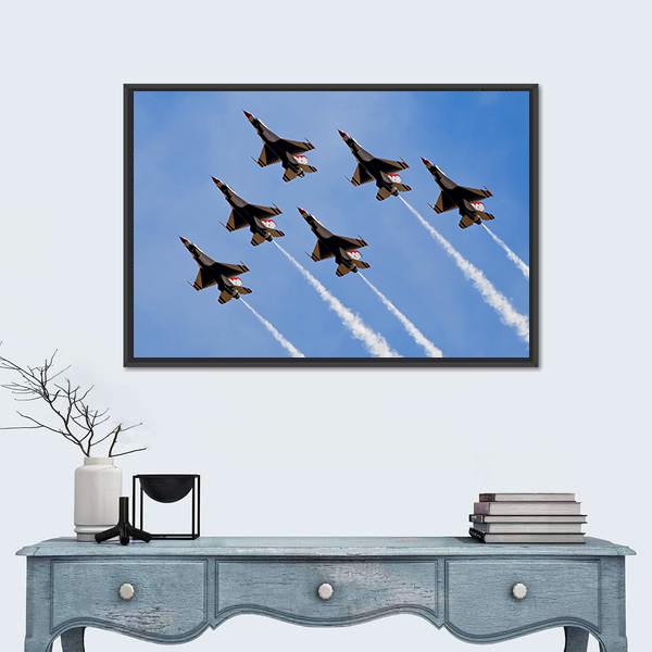 Six Fighter Jets with Smoke Trails Canvas Wall Art in black, white and blue, framed canvas, product view on a white background