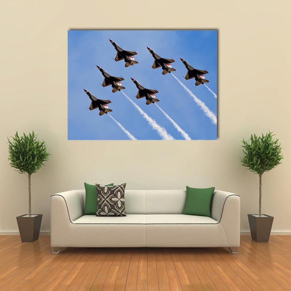 Six Fighter Jets with Smoke Trails Canvas Wall Art in black, white and blue, single panel hung on a wall