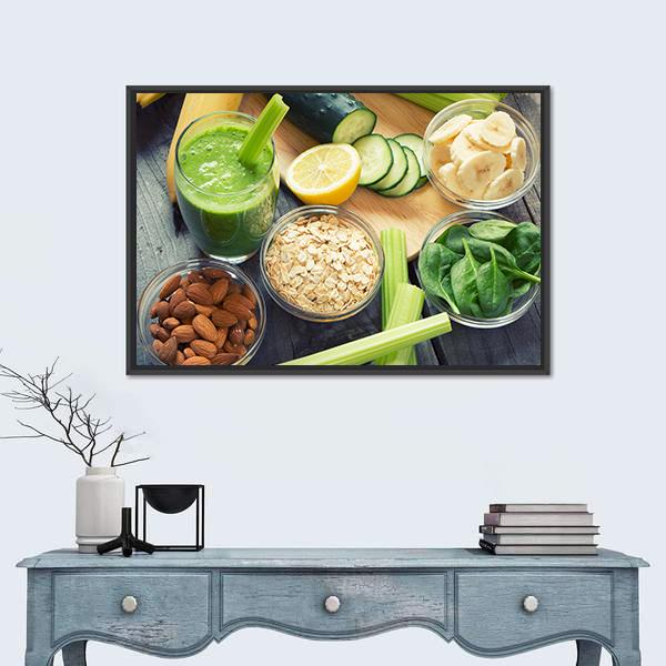 Smoothie with Fresh Fruits and Vegetables Canvas Wall Art in brown, yellow and green, framed canvas, product view on a white background