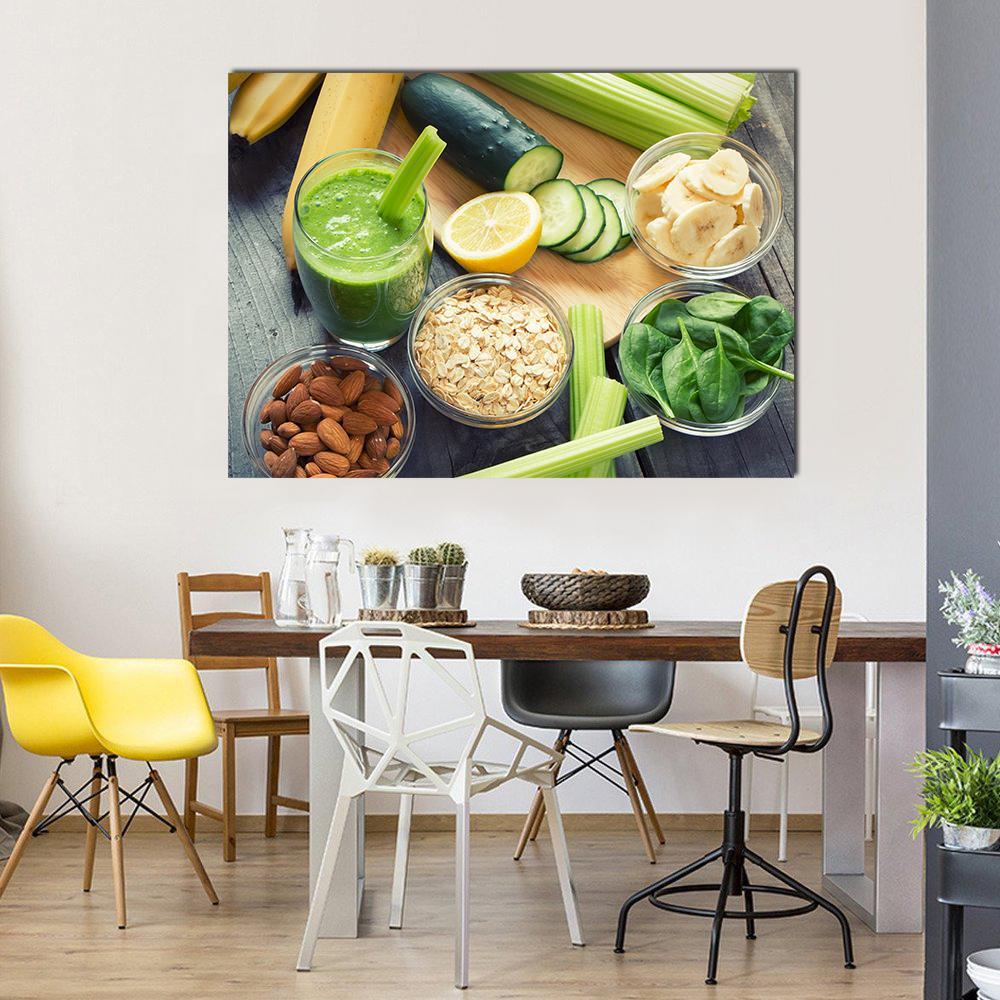Smoothie with Fresh Fruits and Vegetables Canvas Wall Art in brown, yellow and green, single panel hung on a wall