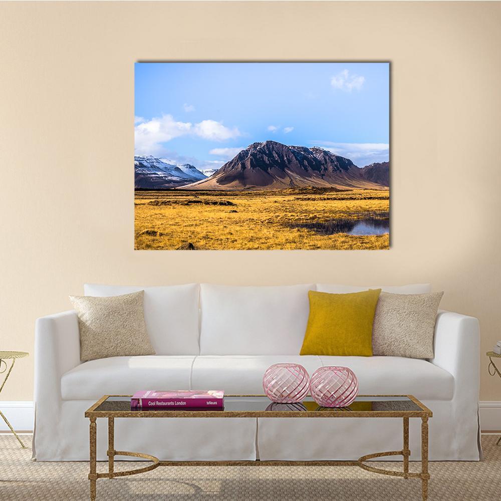 Snaefellsjoekull National Park Iceland Canvas Wall Art in brown, yellow and blue, single panel hung on a wall