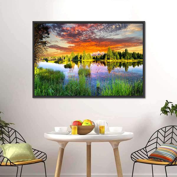 Snake River and Tetons at Sunset Canvas Wall Art in orange, green and blue, framed canvas, product view on a white background