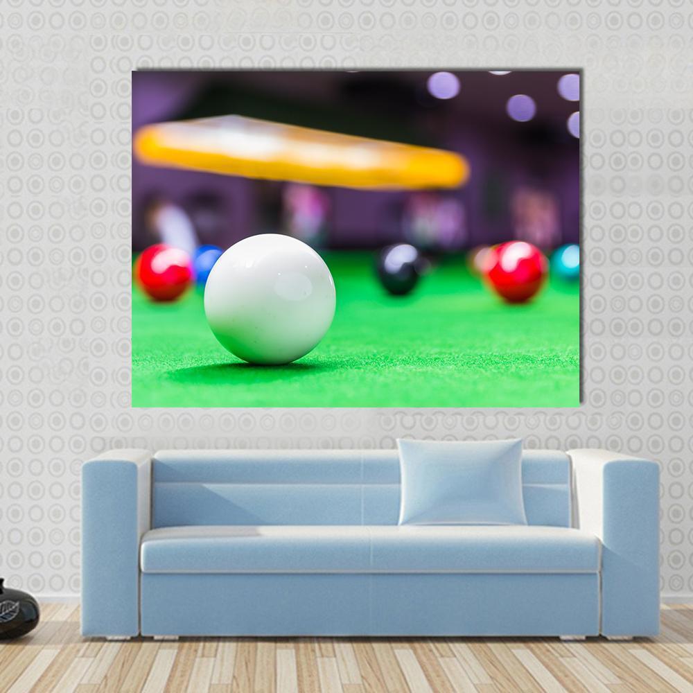 Snooker Ball on Table Canvas Wall Art in white, green and purple, single panel hung on a wall