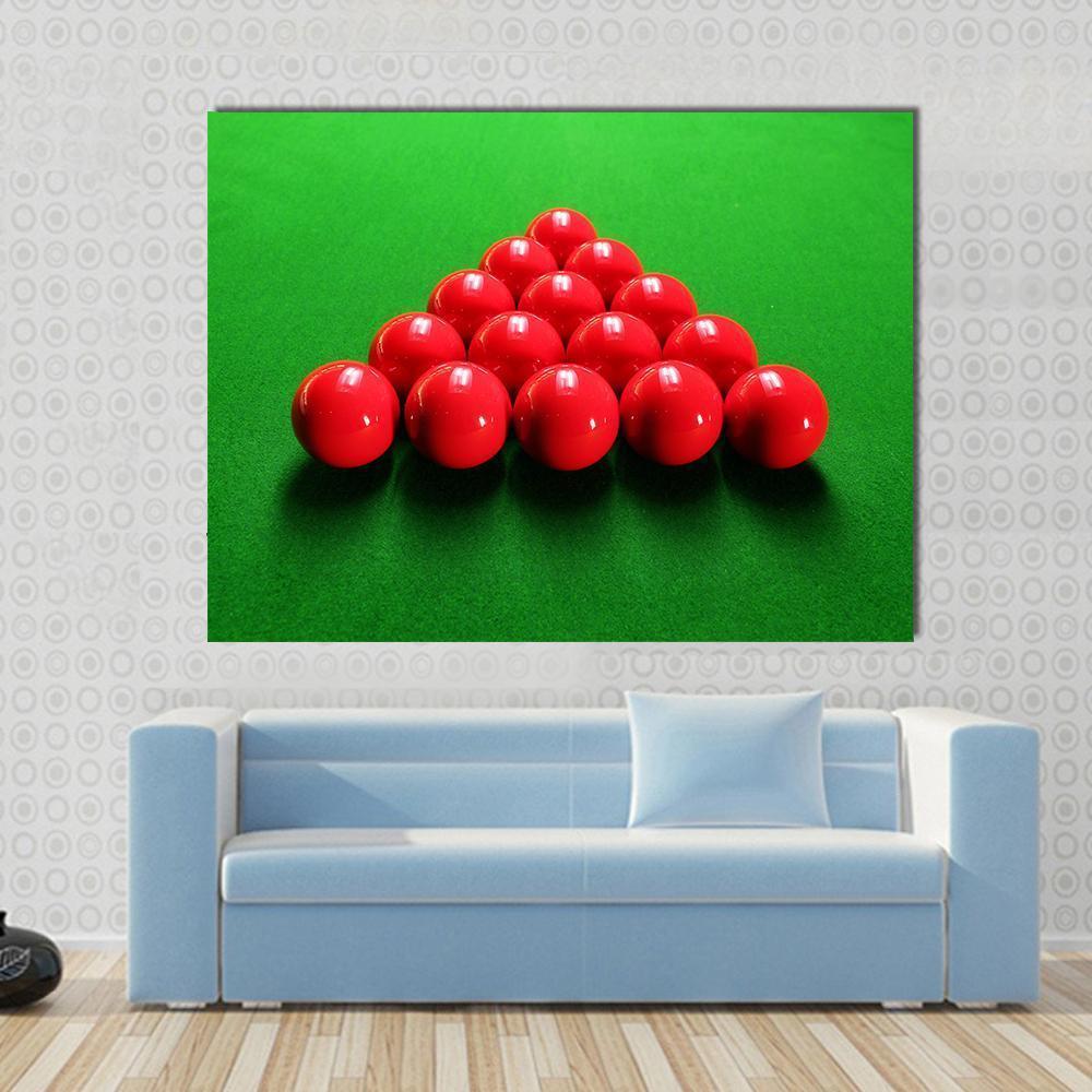Snooker Balls in Triangle Formation Canvas Wall Art in red and green, single panel hung on a wall