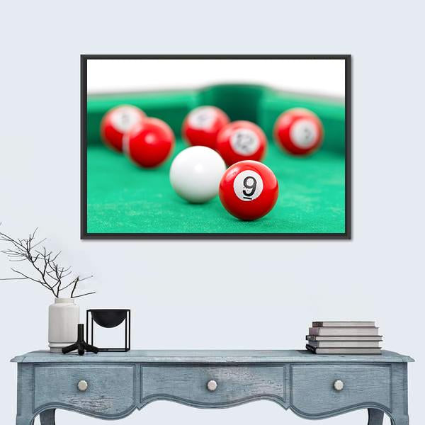 Snooker Balls On A Green Snooker Table Canvas Wall Art-1 Piece-Floating Frame-24&quot; x 16&quot;-Tiaracle