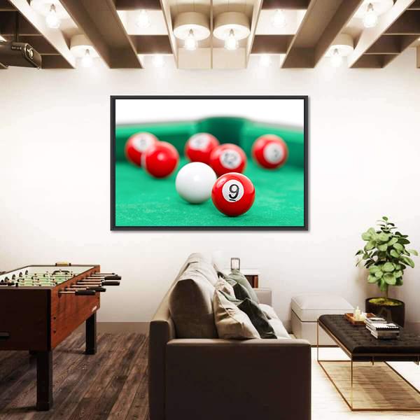 Snooker Balls On A Green Snooker Table Canvas Wall Art-3 Horizontal-Gallery Wrap-25&quot; x 16&quot;-Tiaracle