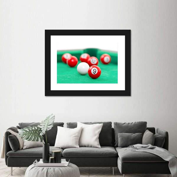 Snooker Balls On A Green Snooker Table Canvas Wall Art-3 Horizontal-Gallery Wrap-25&quot; x 16&quot;-Tiaracle