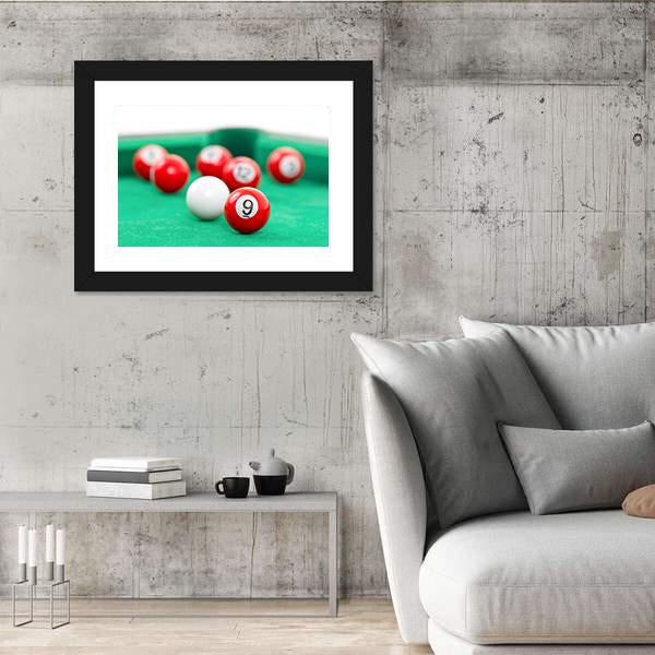 Snooker Balls On A Green Snooker Table Canvas Wall Art-3 Horizontal-Gallery Wrap-25&quot; x 16&quot;-Tiaracle