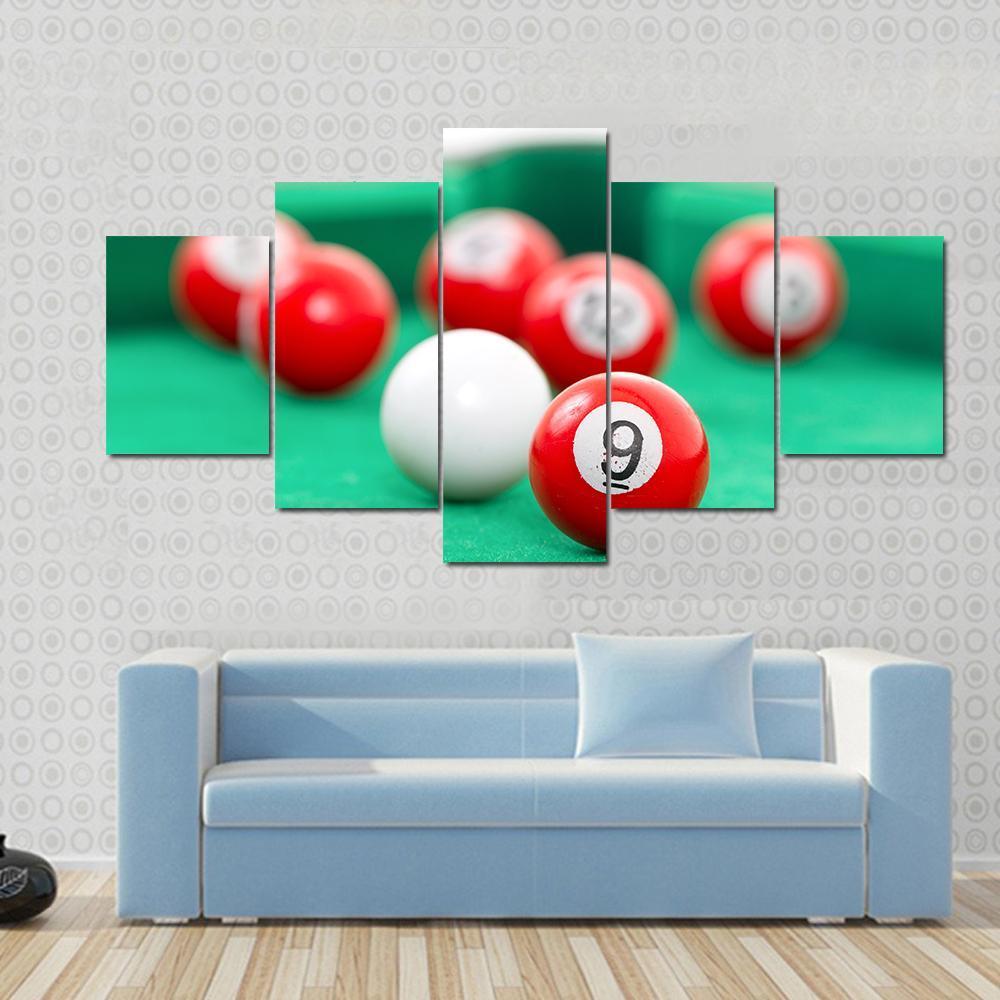 Snooker Balls On A Green Snooker Table Canvas Wall Art-5 Star-Gallery Wrap-62&quot; x 32&quot;-Tiaracle