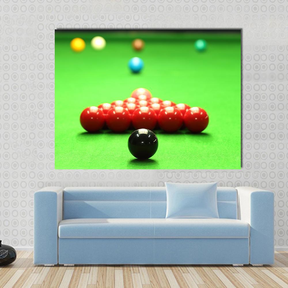 Snooker Balls Ready for Shot Canvas Wall Art in red and green, single panel hung on a wall